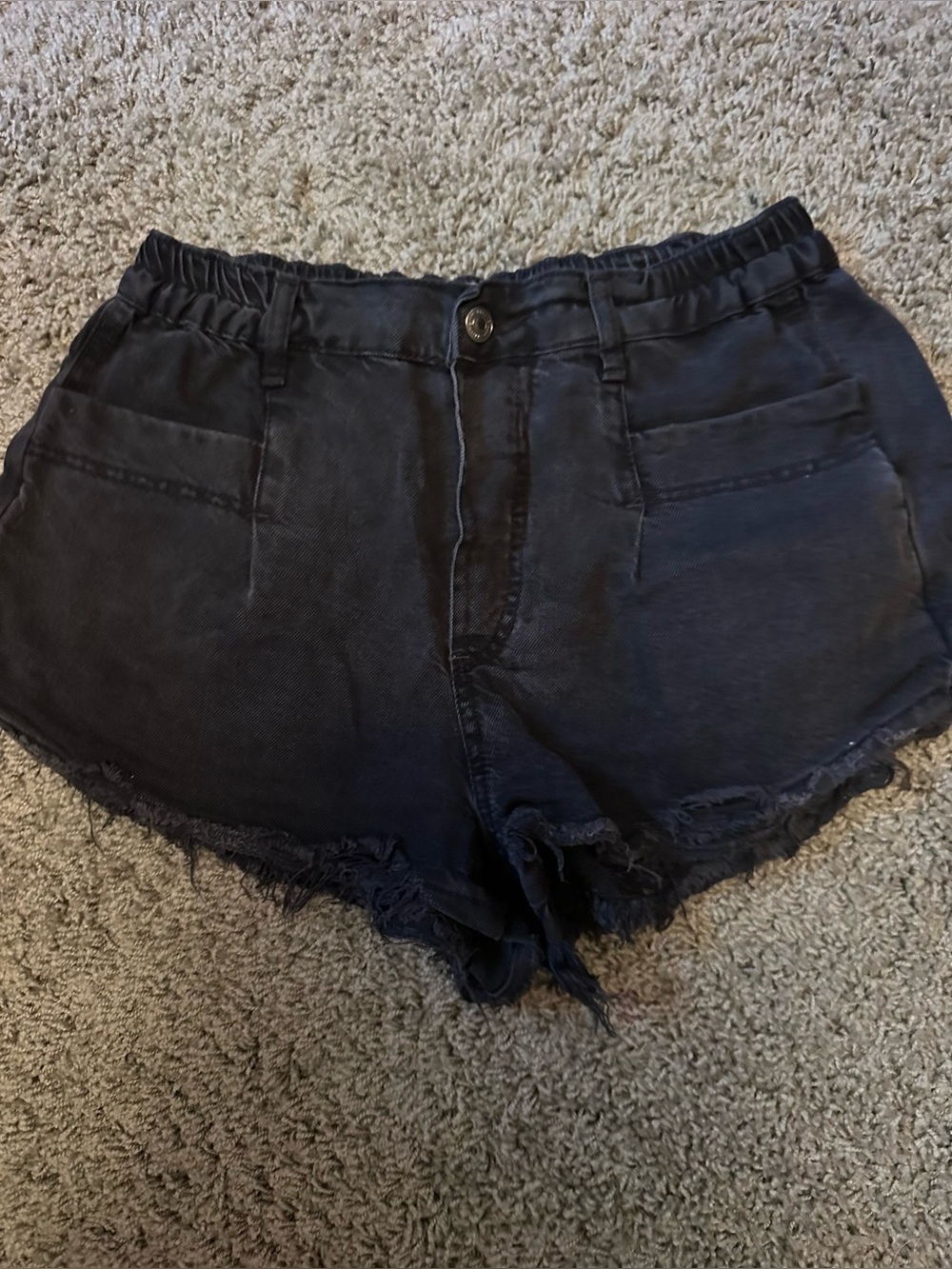 Free People Black Distressed Denim Shorts Medium Elastic Waist Raw Hem